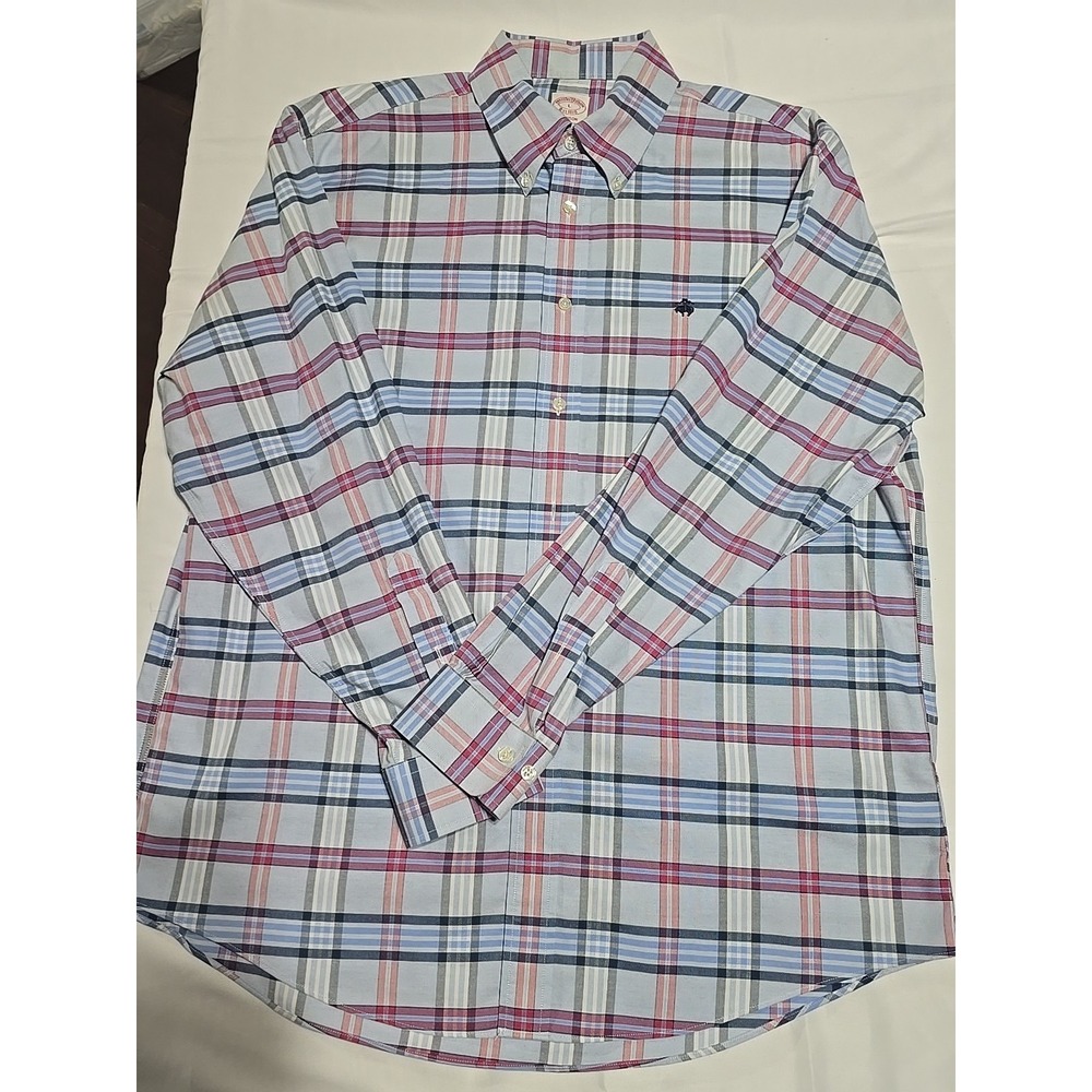 Brooks Brothers Shirt Mens L Madison Blue Maroon Pink Plaid Button Down